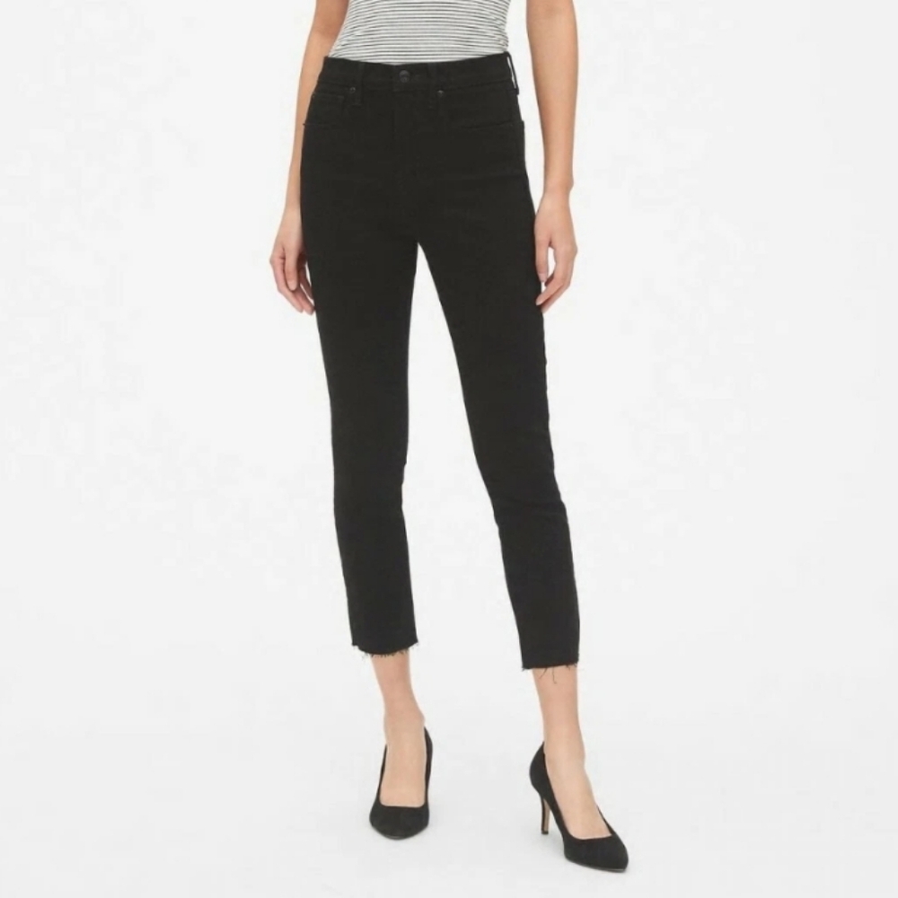 Gap High Rise True Skinny Crop Jeans Raw Hem Size 31 Short True Black Denim